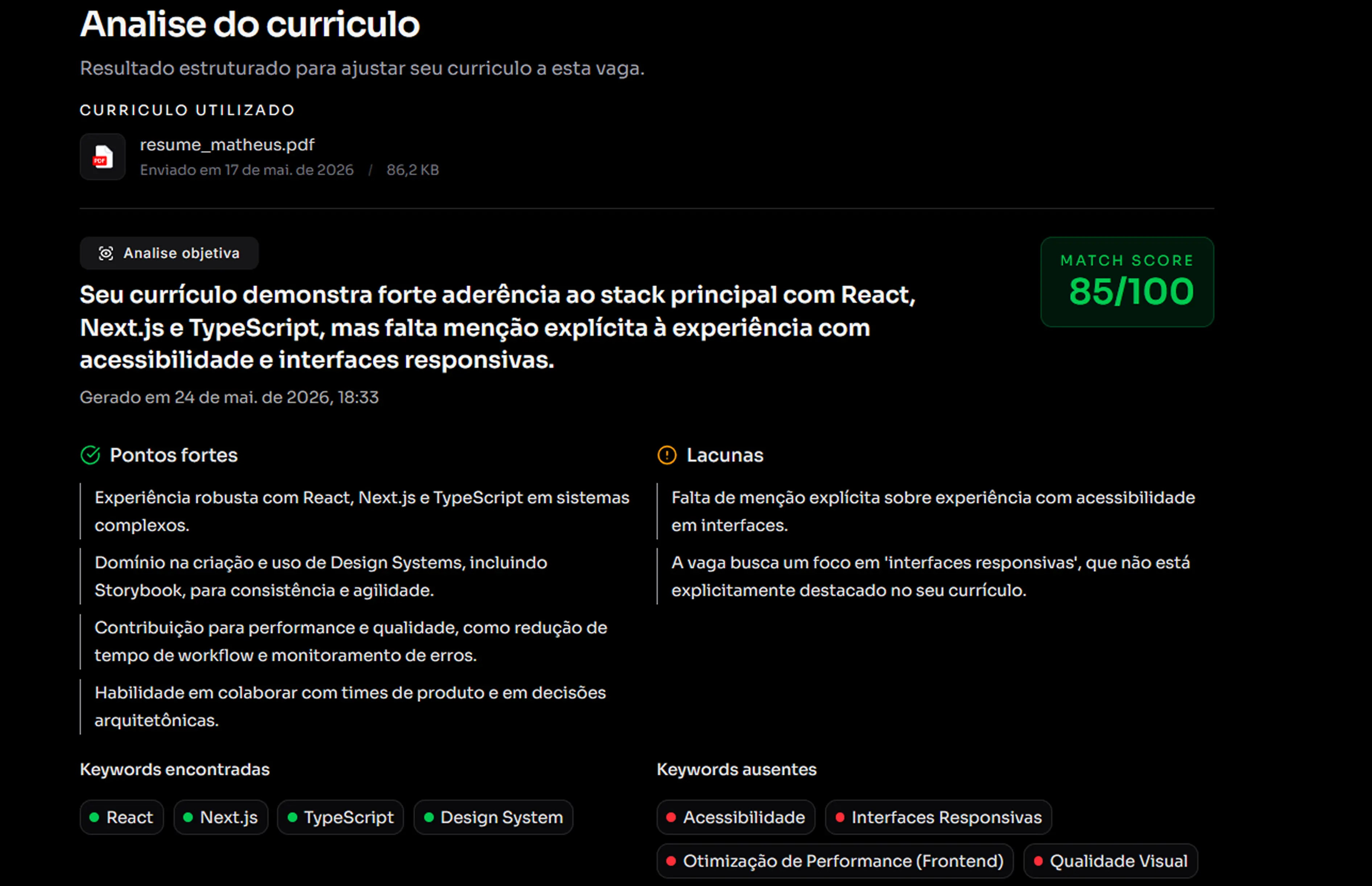 Prévia da análise de currículo por vaga no Resume Fit.